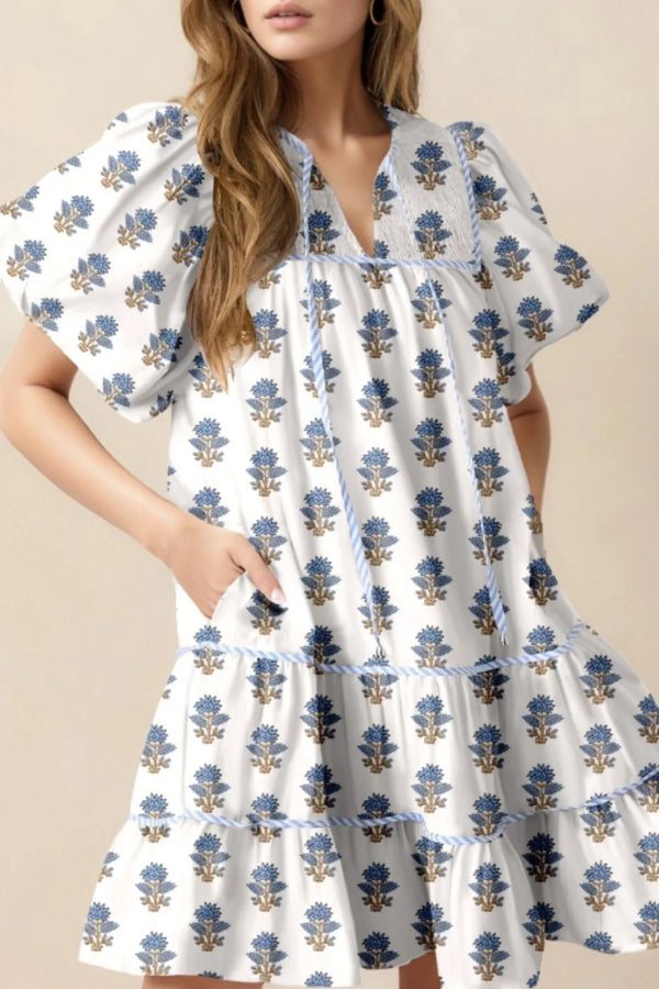 Floral Puff Sleeve Mini Dress with Pockets.