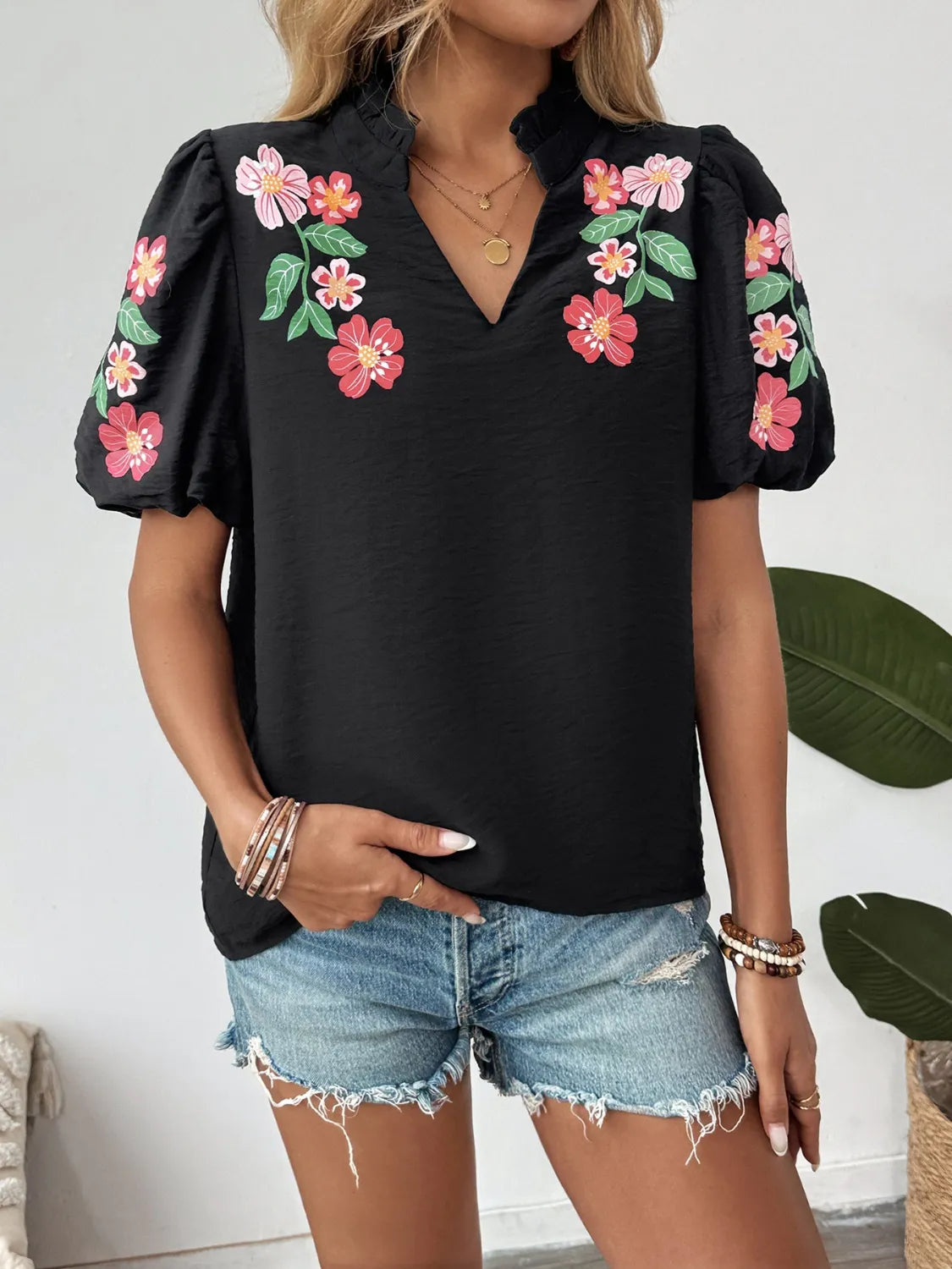 Floral Puff Sleeve Notched Blouse.