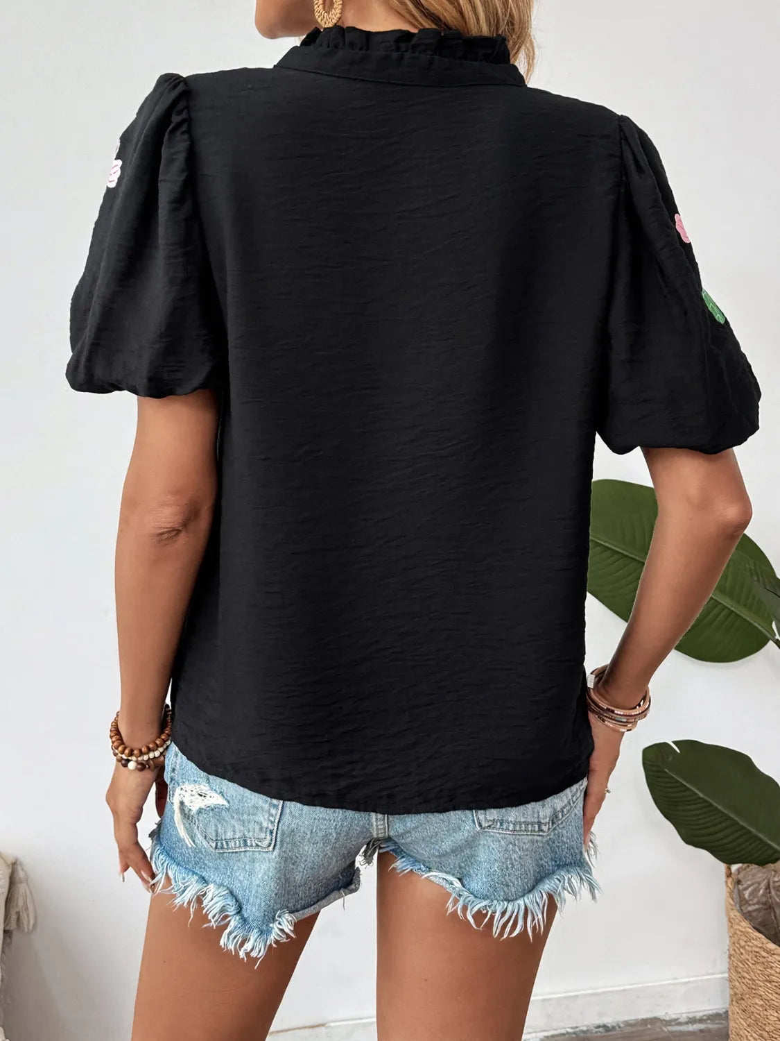 Floral Puff Sleeve Notched Blouse.