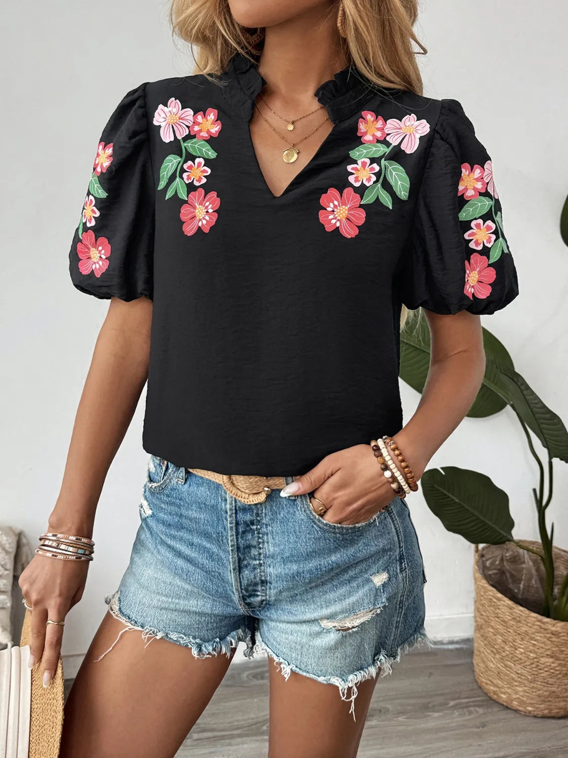 Floral Puff Sleeve Notched Blouse.