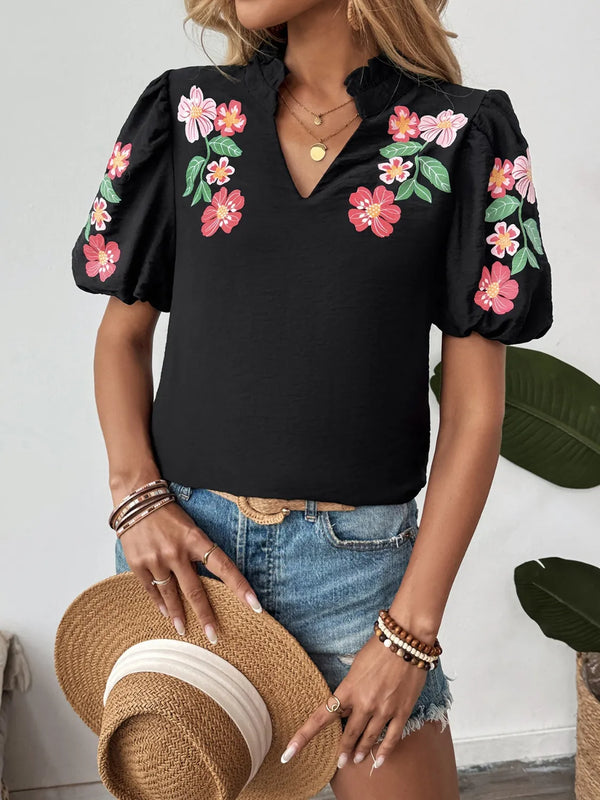 Floral Puff Sleeve Notched Blouse.