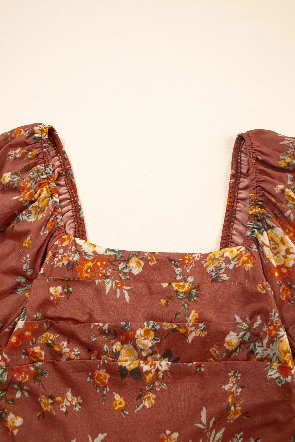 Floral Puff Sleeve Square Neck Knot Open Back Mini Dress.