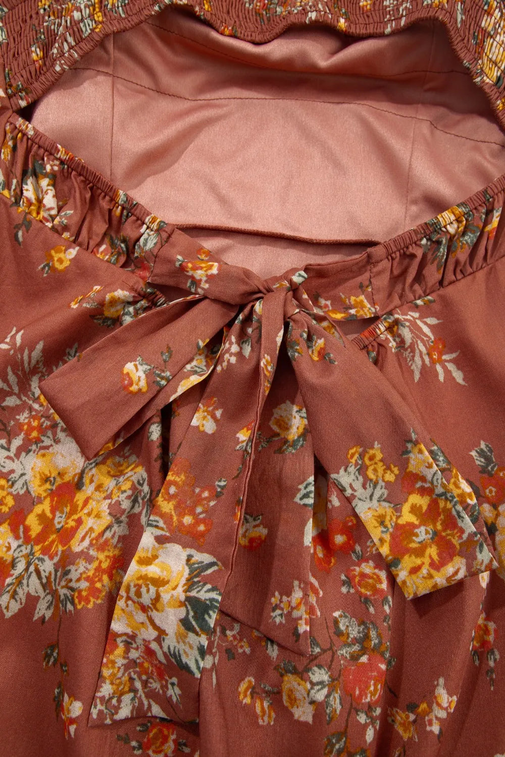 Floral Puff Sleeve Square Neck Knot Open Back Mini Dress.