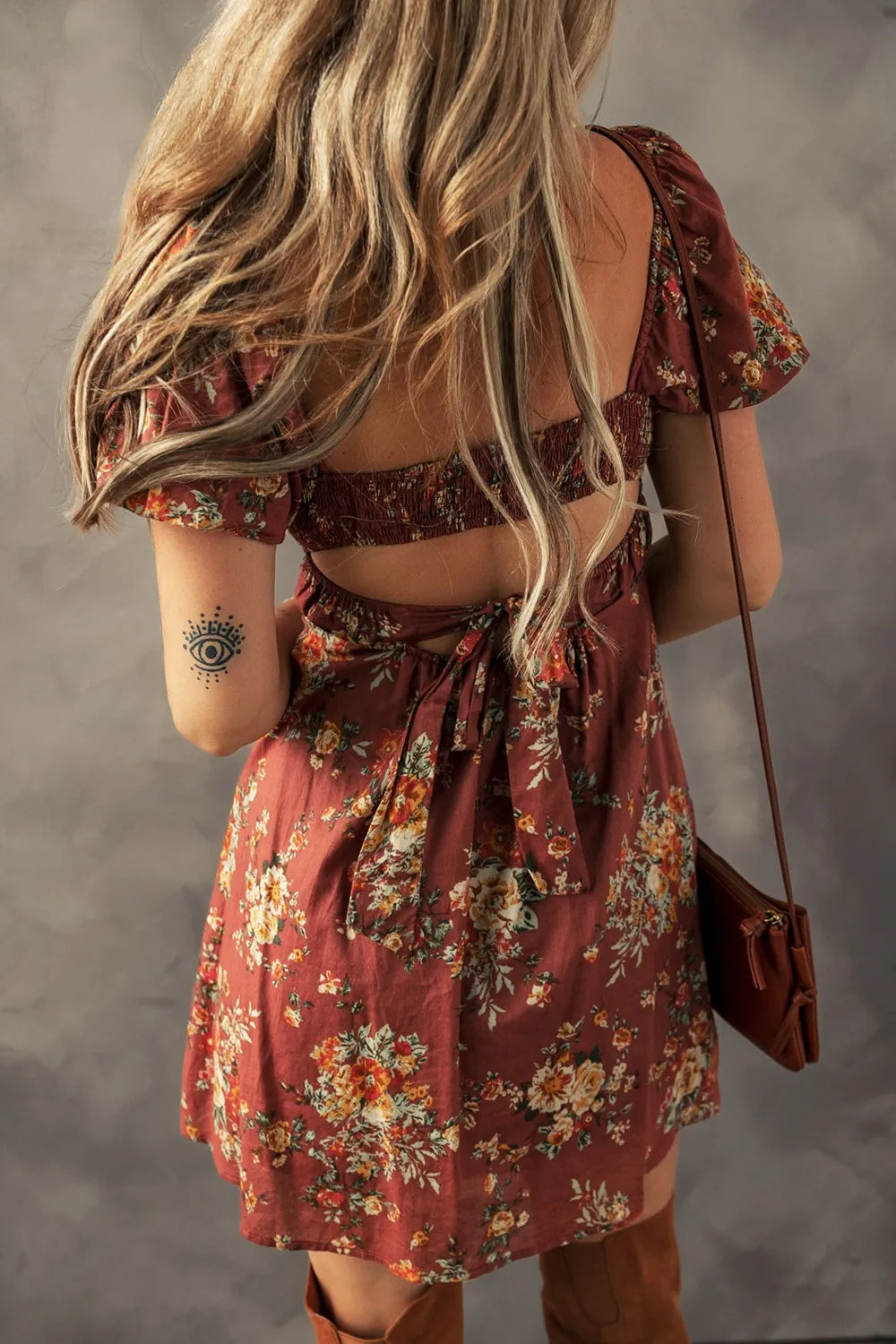 Floral Puff Sleeve Square Neck Knot Open Back Mini Dress.