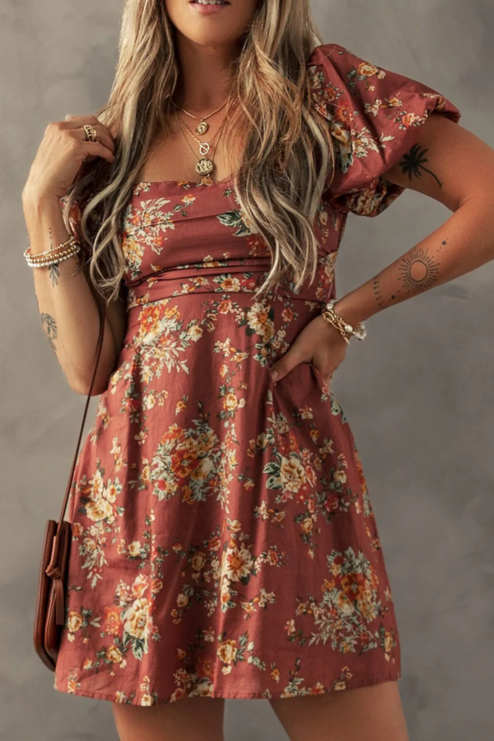 Floral Puff Sleeve Square Neck Knot Open Back Mini Dress.