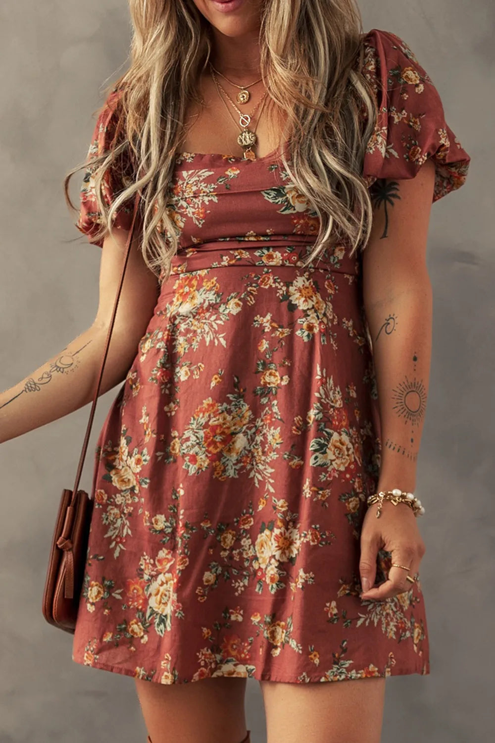 Floral Puff Sleeve Square Neck Knot Open Back Mini Dress.