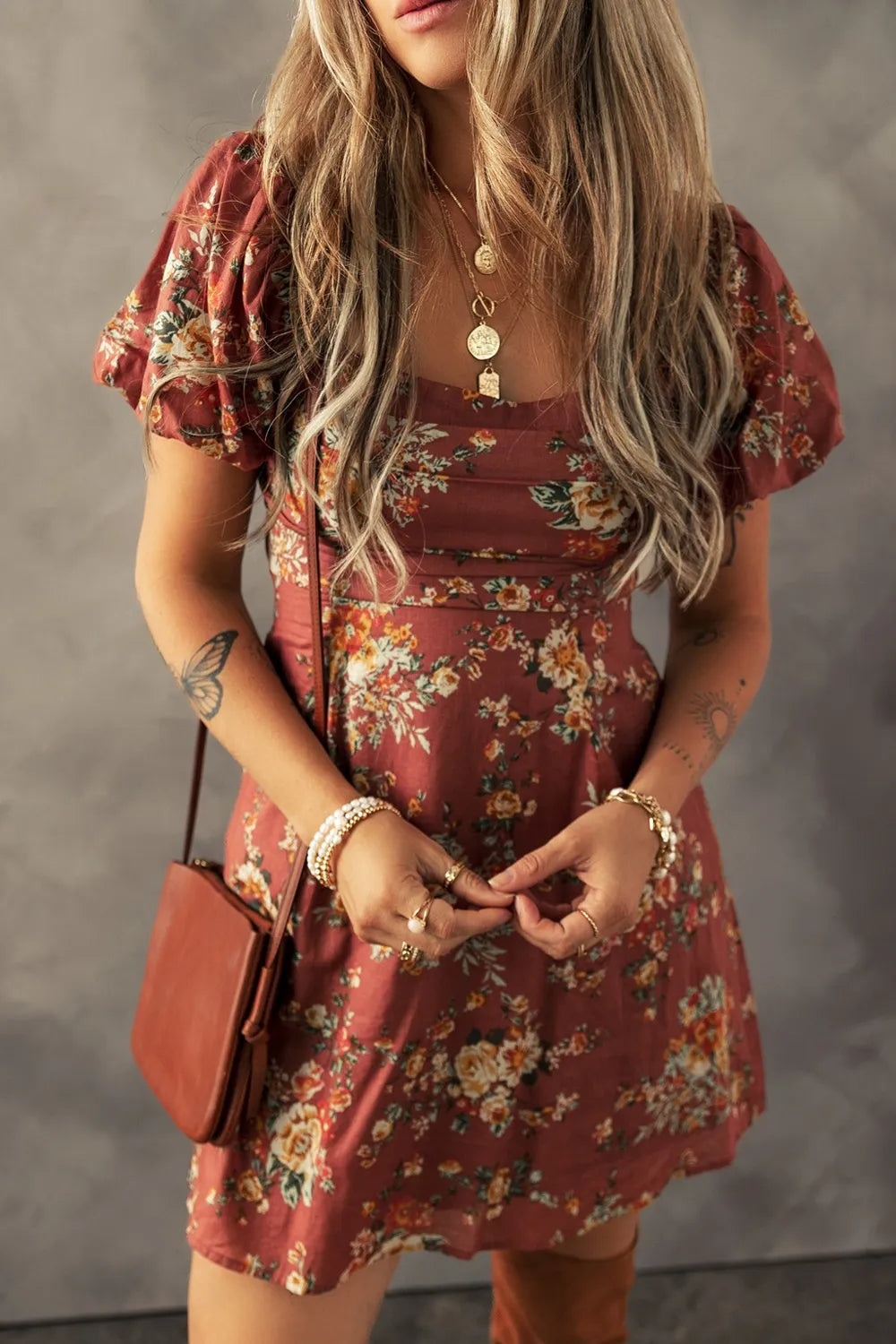 Floral Puff Sleeve Square Neck Knot Open Back Mini Dress.