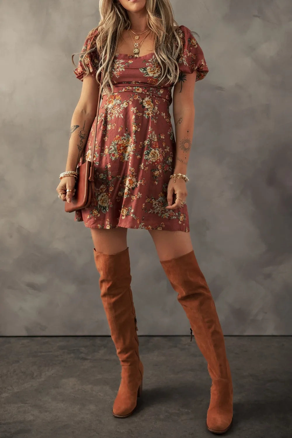 Floral Puff Sleeve Square Neck Knot Open Back Mini Dress.