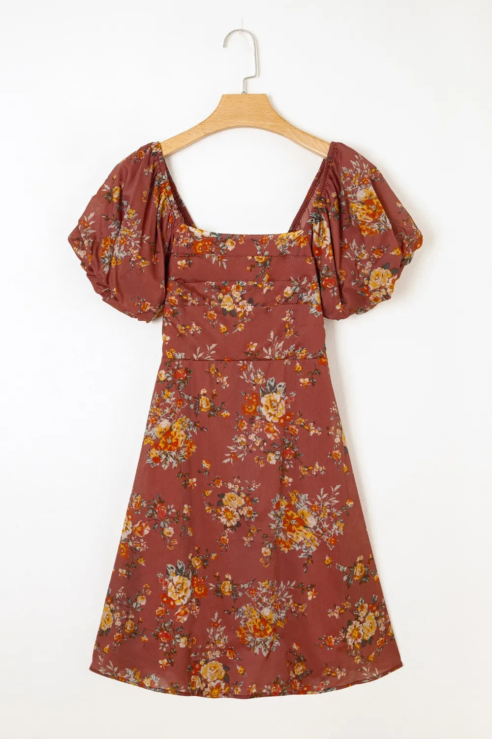 Floral Puff Sleeve Square Neck Knot Open Back Mini Dress.