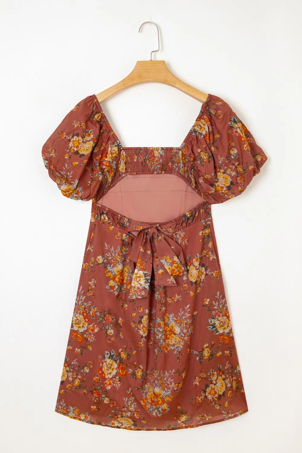 Floral Puff Sleeve Square Neck Knot Open Back Mini Dress.