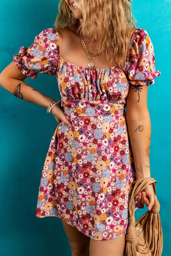 Floral Puff Sleeve Square Neck Knot Open Back Mini Dress.