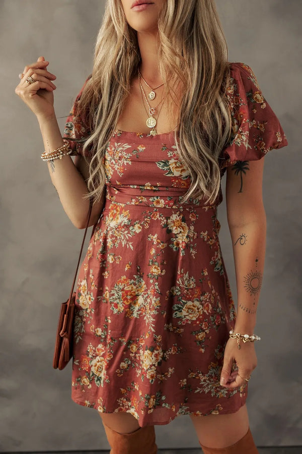 Floral Puff Sleeve Square Neck Knot Open Back Mini Dress.