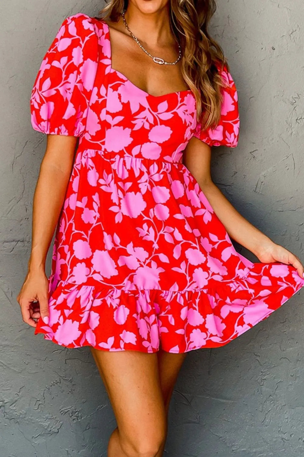 Floral Puff Sleeve Sweetheart Neck Ruffled Mini Dress.