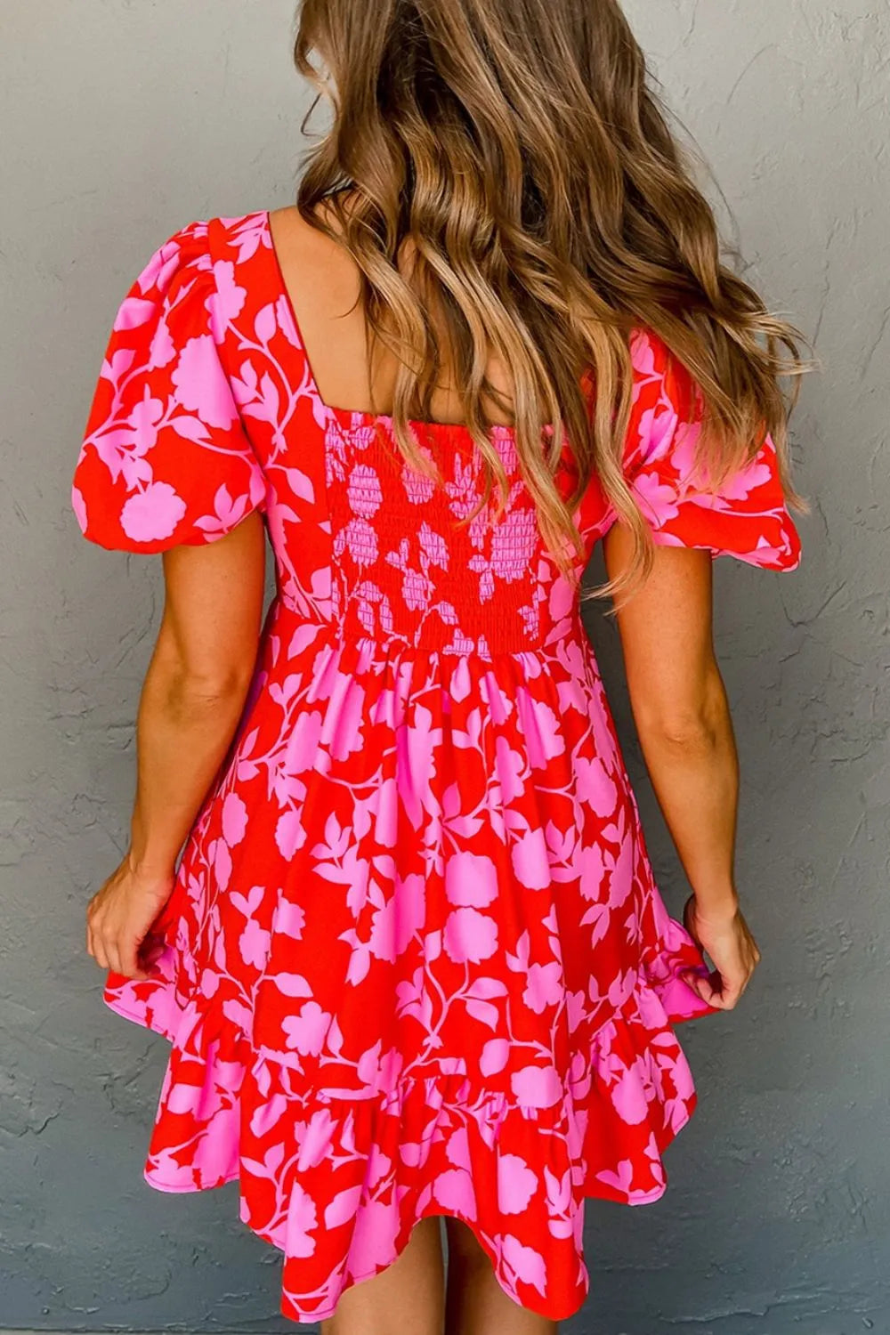 Floral Puff Sleeve Sweetheart Neck Ruffled Mini Dress.