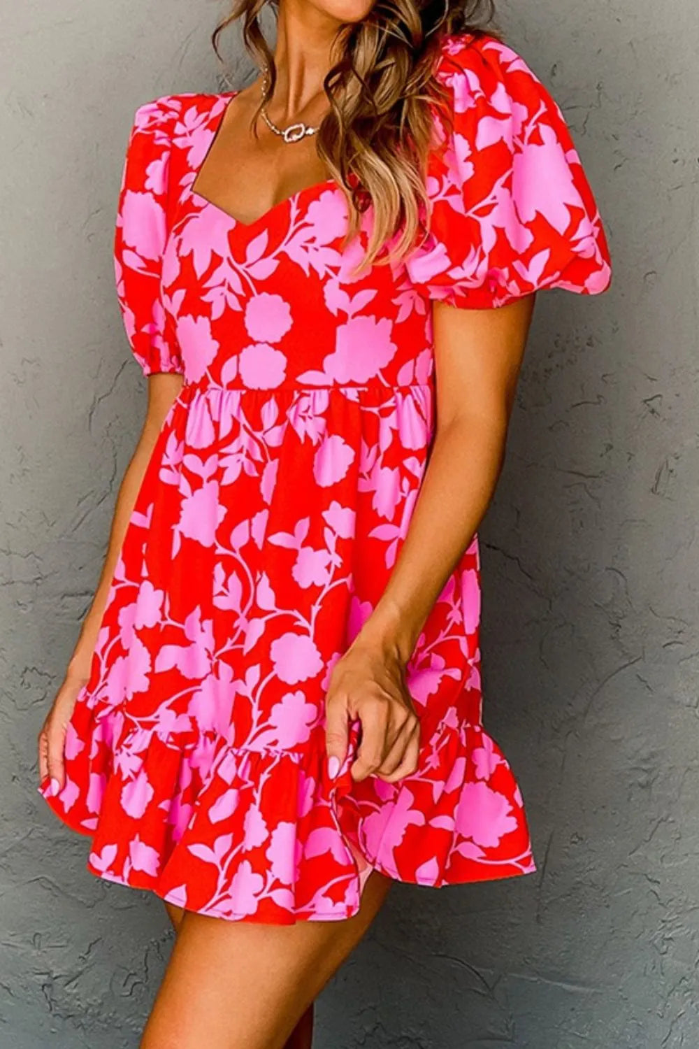 Floral Puff Sleeve Sweetheart Neck Ruffled Mini Dress.