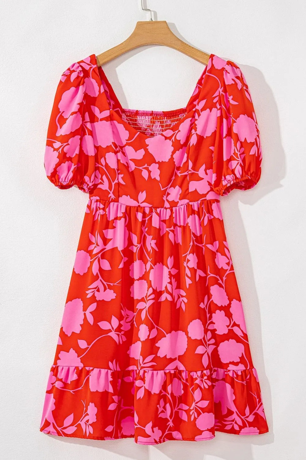 Floral Puff Sleeve Sweetheart Neck Ruffled Mini Dress.