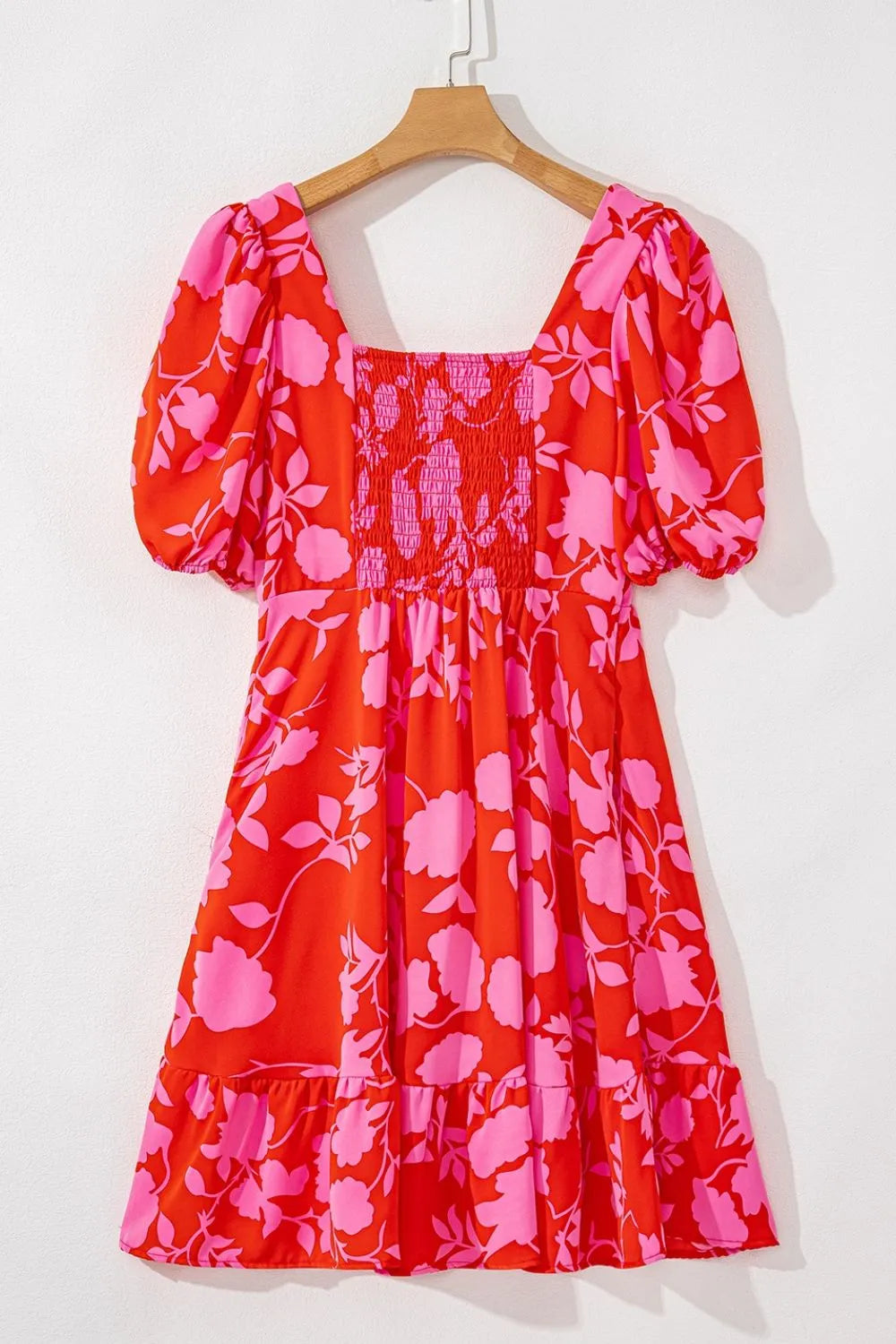 Floral Puff Sleeve Sweetheart Neck Ruffled Mini Dress.