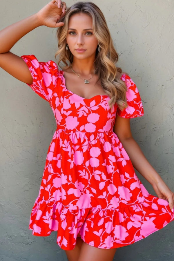 Floral Puff Sleeve Sweetheart Neck Ruffled Mini Dress.