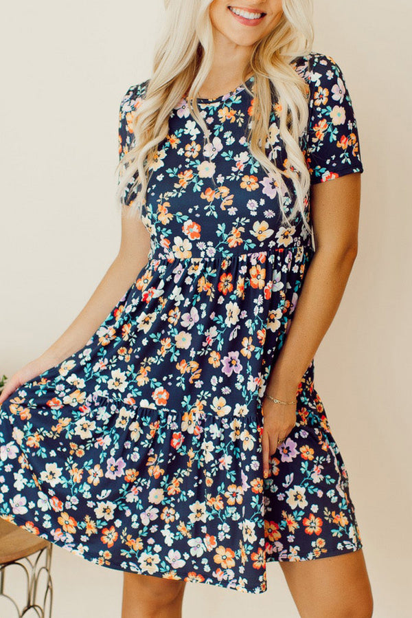 Floral Round Neck Short Sleeve Mini Dress.
