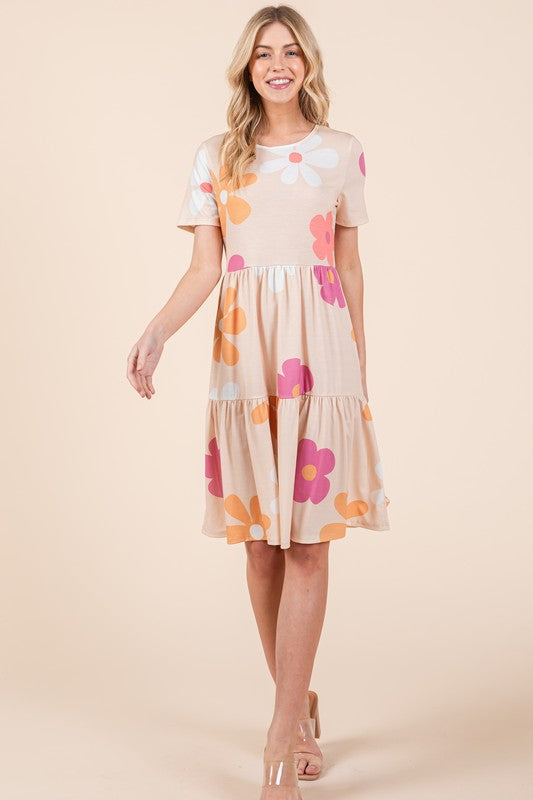 Bombom Floral Round Neck Short Sleeve Tiered Dress.