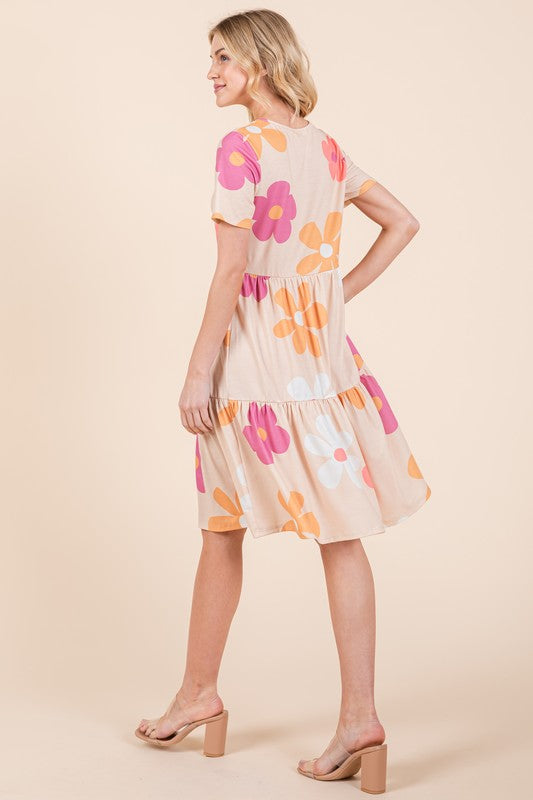 Bombom Floral Round Neck Short Sleeve Tiered Dress.