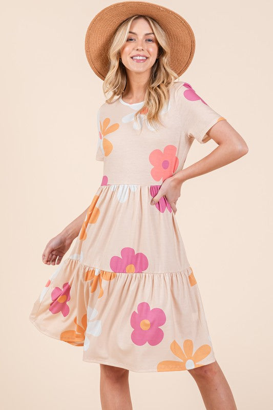 Bombom Floral Round Neck Short Sleeve Tiered Dress.