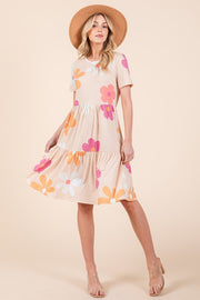 Bombom Floral Round Neck Short Sleeve Tiered Dress.