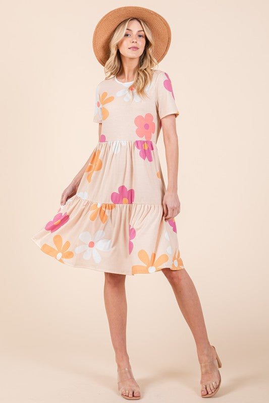 Bombom Floral Round Neck Short Sleeve Tiered Dress.