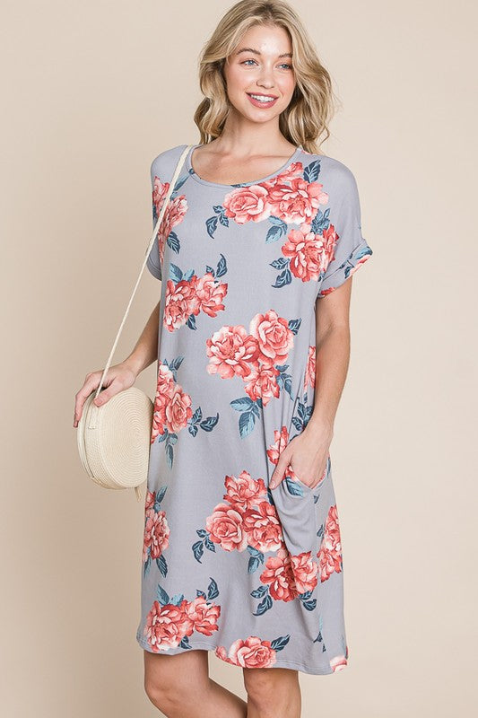 Bombom Floral Round Neck Short Tee Dress with Pockets.