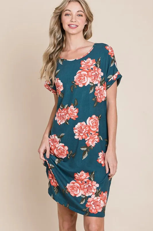 Bombom Floral Round Neck Short Tee Dress with Pockets.