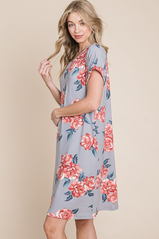 Bombom Floral Round Neck Short Tee Dress with Pockets.