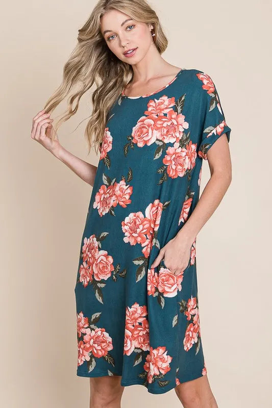 Bombom Floral Round Neck Short Tee Dress with Pockets.