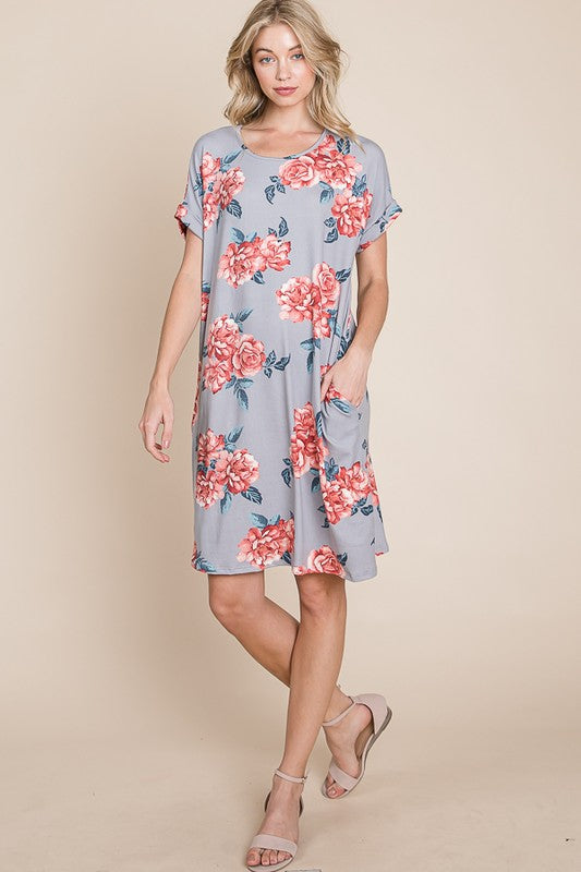 Bombom Floral Round Neck Short Tee Dress with Pockets.