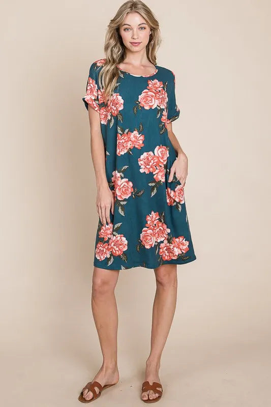 Bombom Floral Round Neck Short Tee Dress with Pockets.