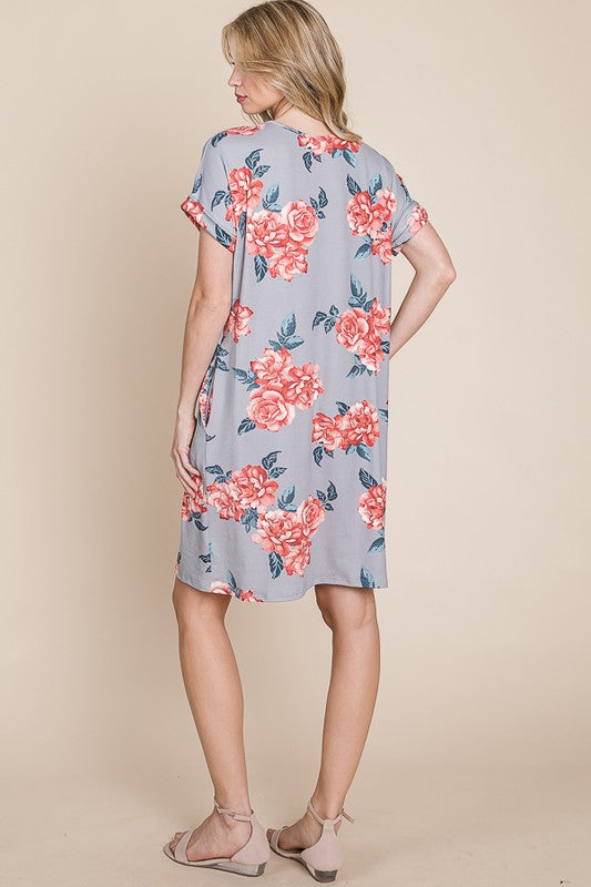 Bombom Floral Round Neck Short Tee Dress with Pockets.