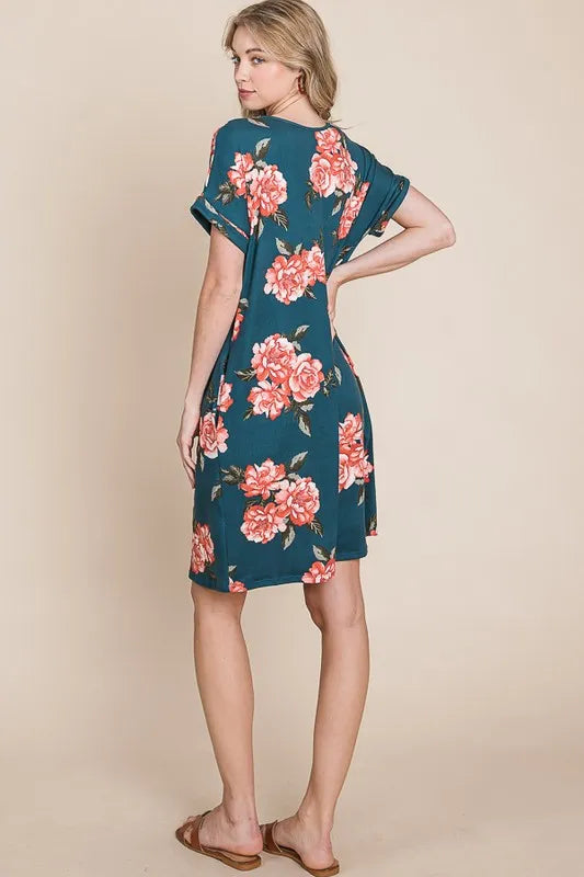 Bombom Floral Round Neck Short Tee Dress with Pockets.
