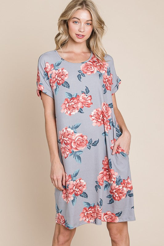 Bombom Floral Round Neck Short Tee Dress with Pockets.