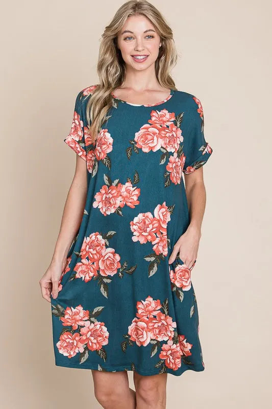 Bombom Floral Round Neck Short Tee Dress with Pockets.