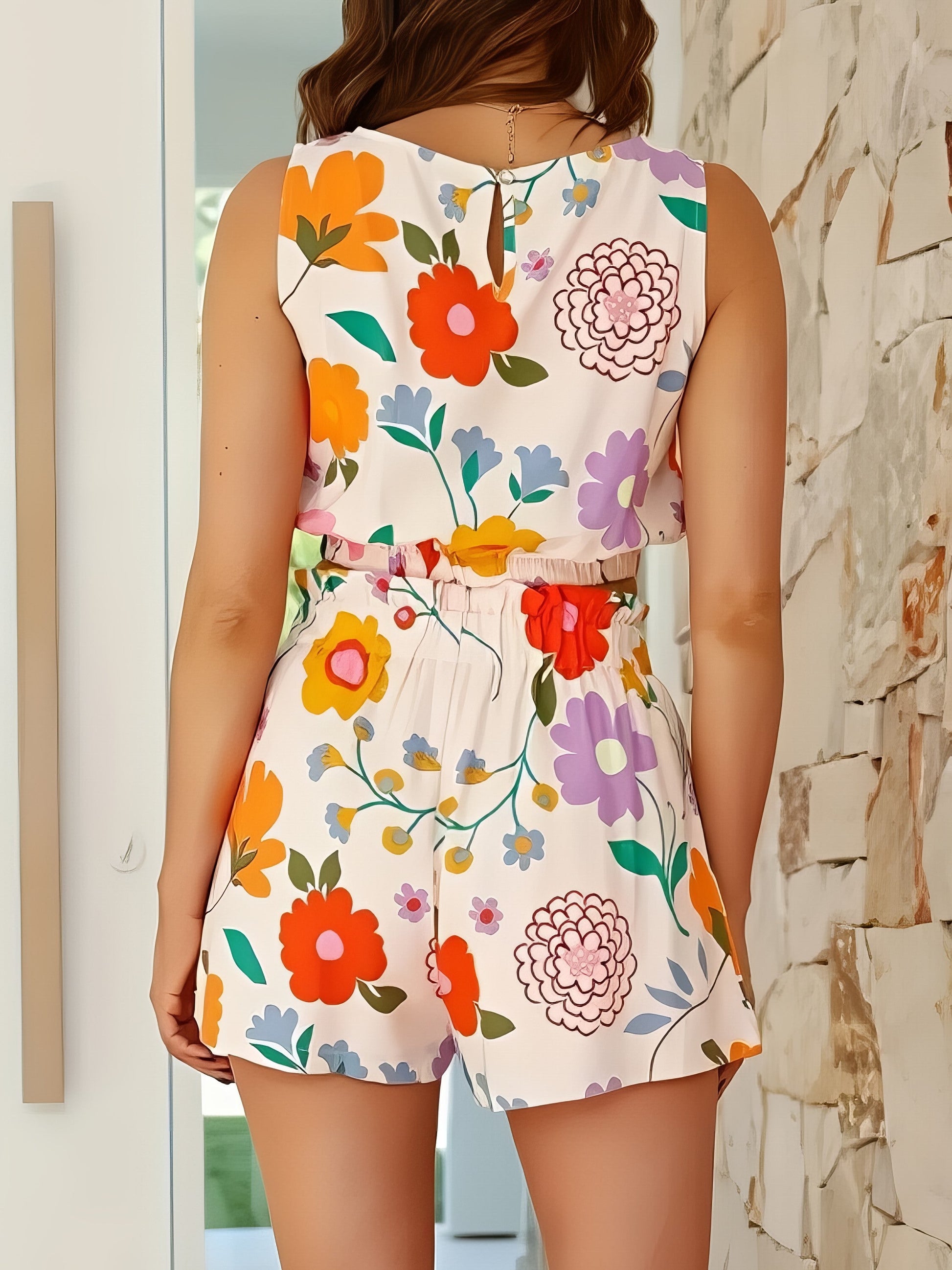 Women's floral round neck tank and shorts set with ruched details and pockets