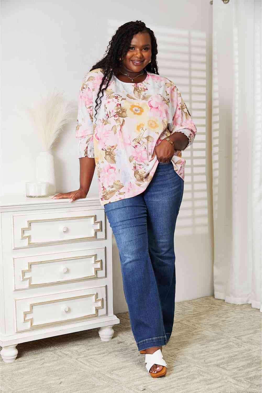 Double Take floral round neck three-quarter sleeve top.