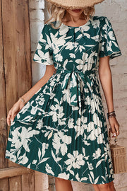 Perfee Floral Round Neck Tie Belt Pleated Dress.