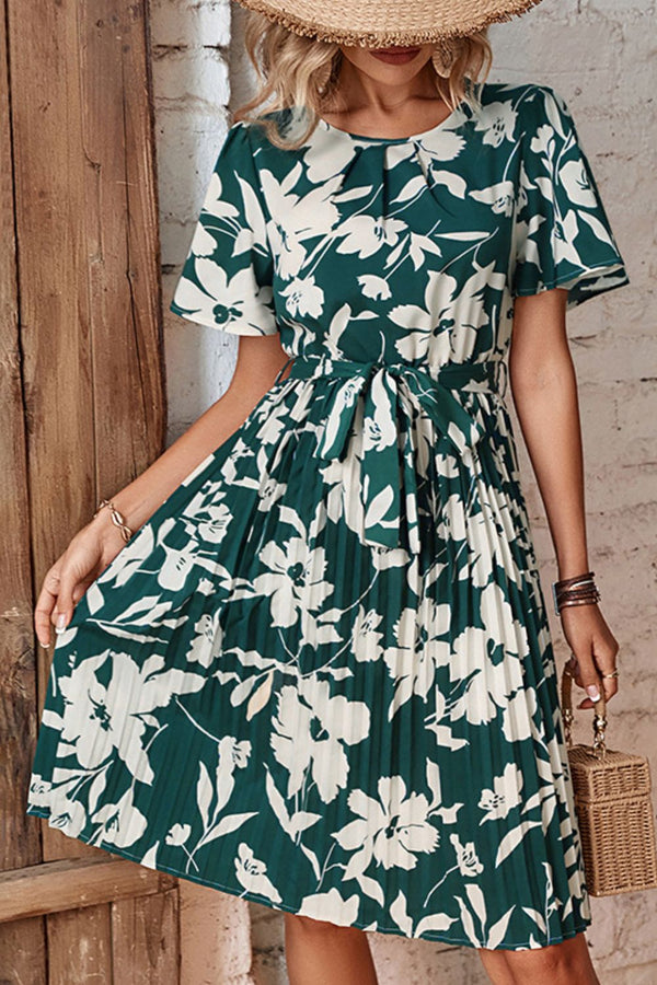 Perfee Floral Round Neck Tie Belt Pleated Dress.