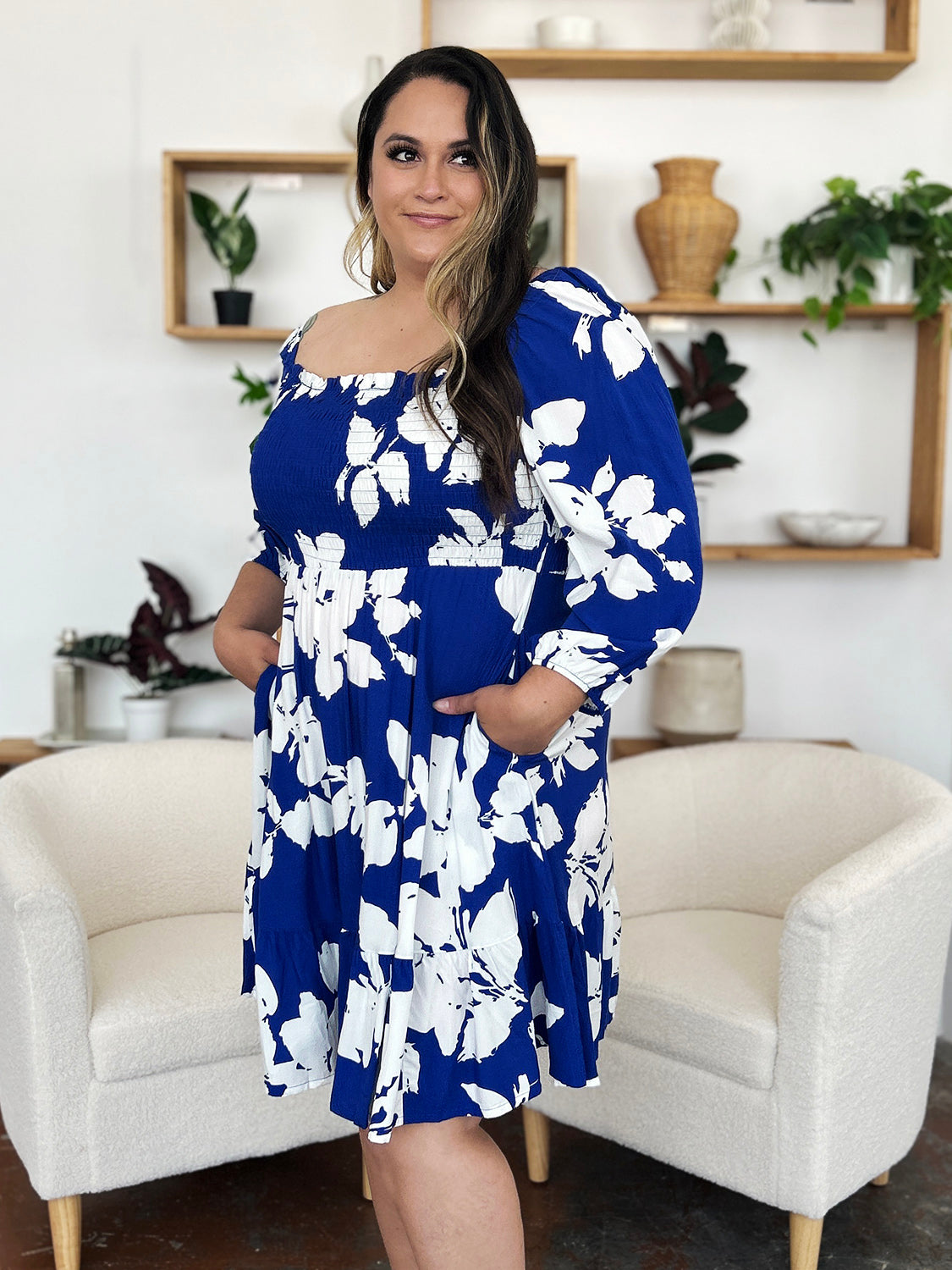 Double Take Full Size Floral Ruffle Hem Smocked Dress with Pockets.