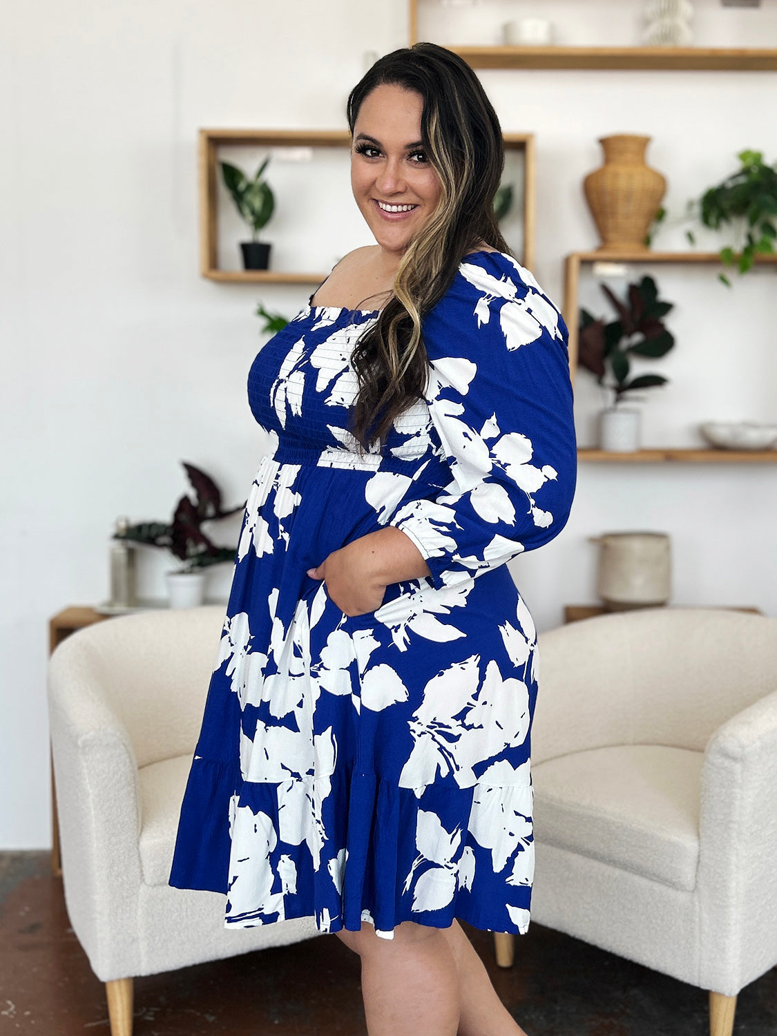Double Take Full Size Floral Ruffle Hem Smocked Dress with Pockets.