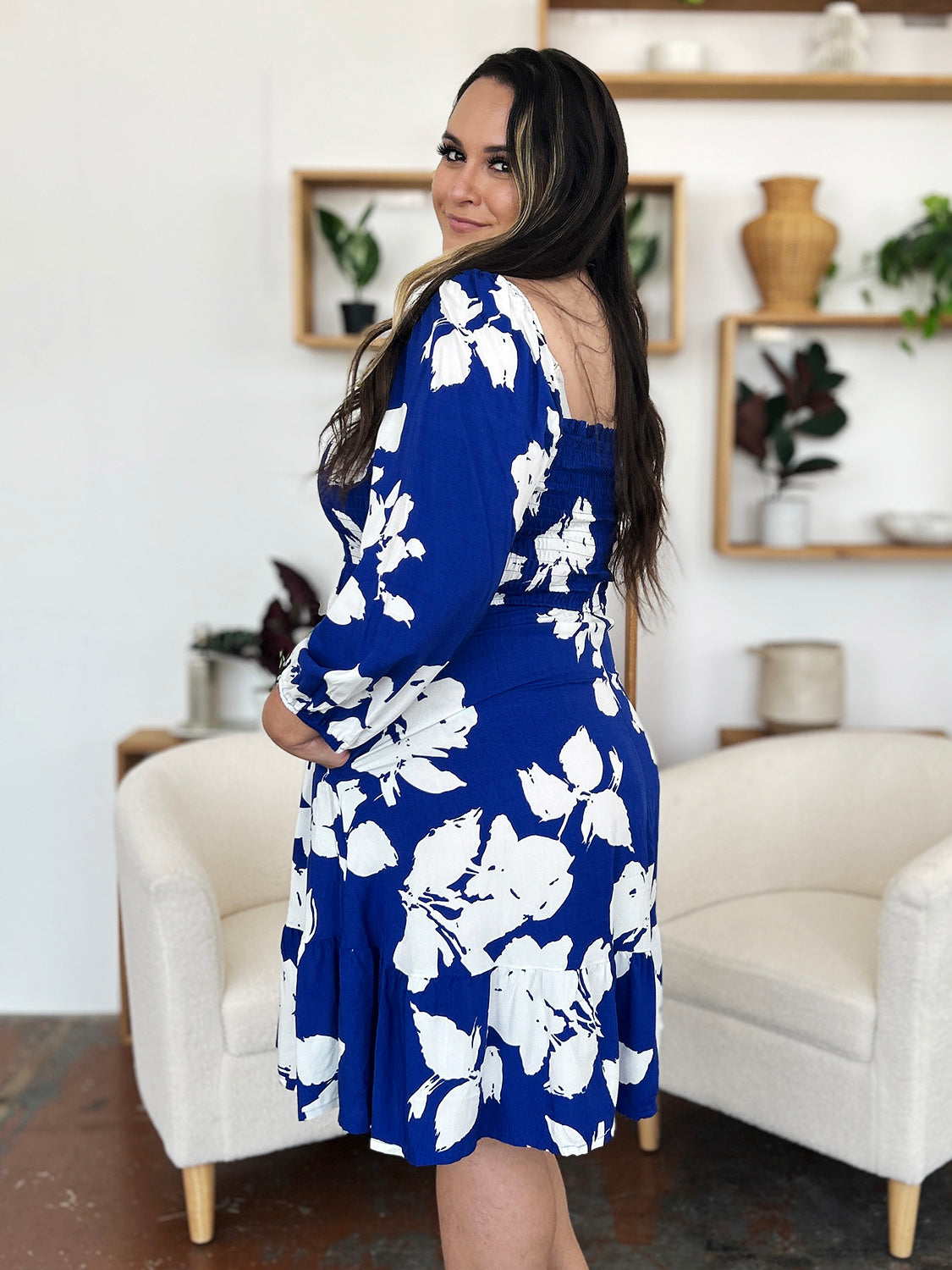Double Take Full Size Floral Ruffle Hem Smocked Dress with Pockets.