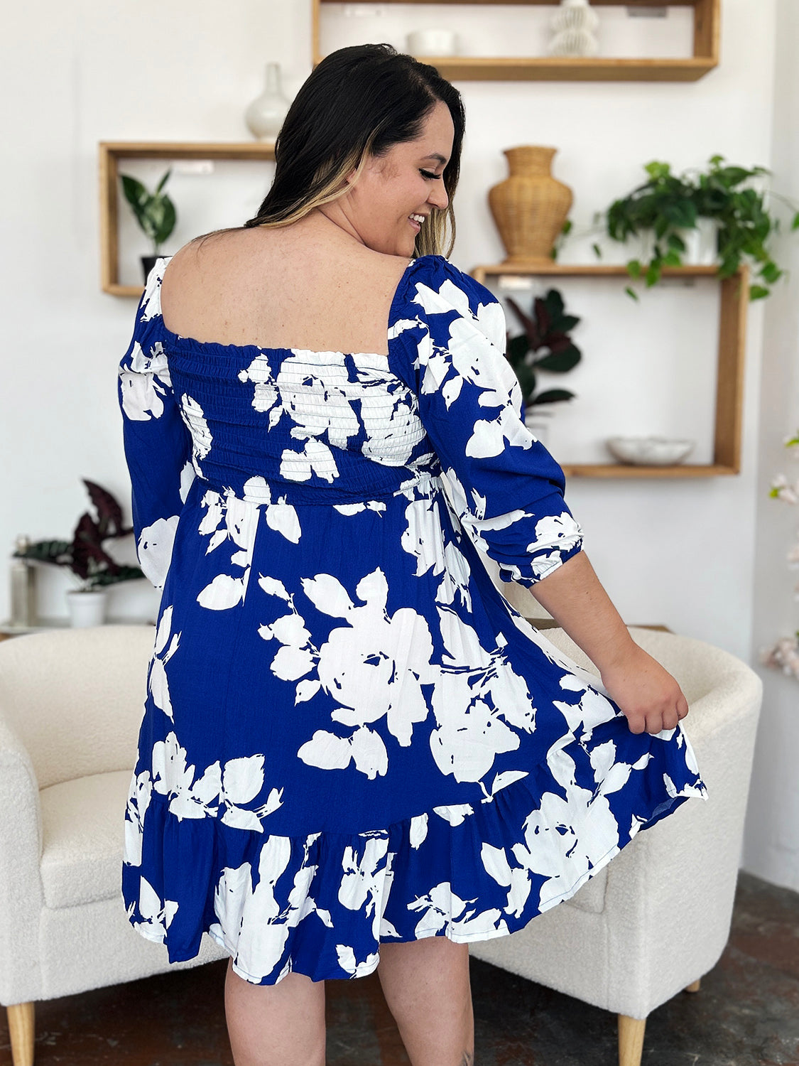 Double Take Full Size Floral Ruffle Hem Smocked Dress with Pockets.
