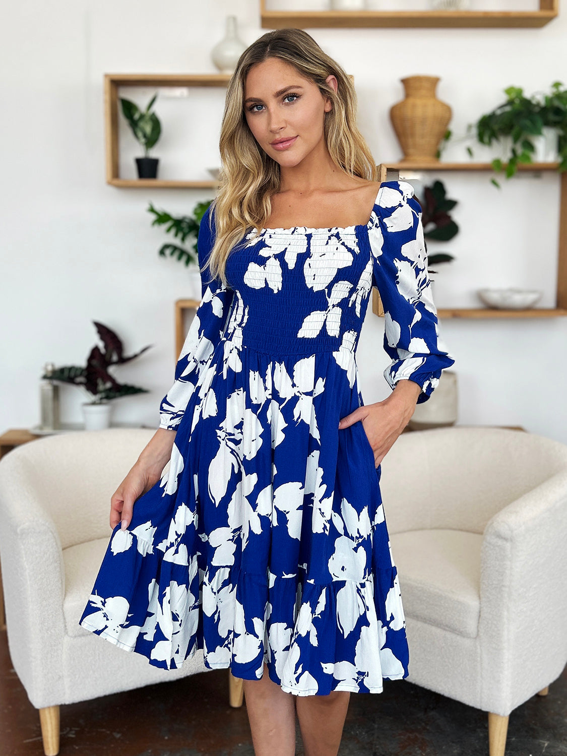 Double Take Full Size Floral Ruffle Hem Smocked Dress with Pockets.