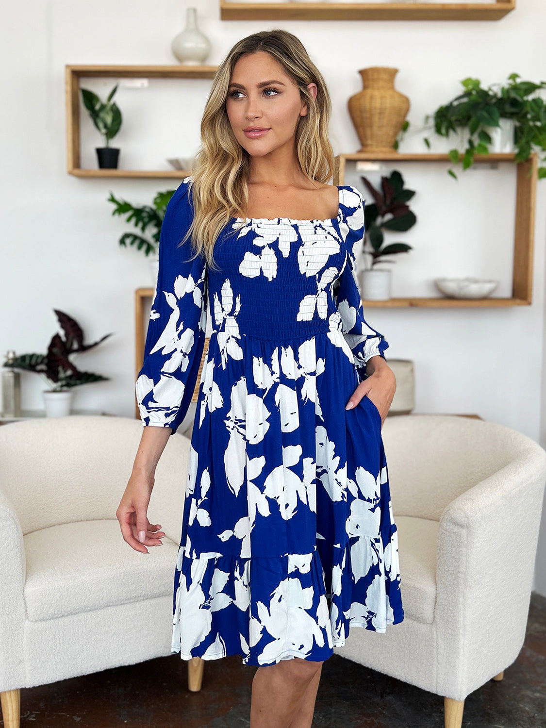 Double Take Full Size Floral Ruffle Hem Smocked Dress with Pockets.