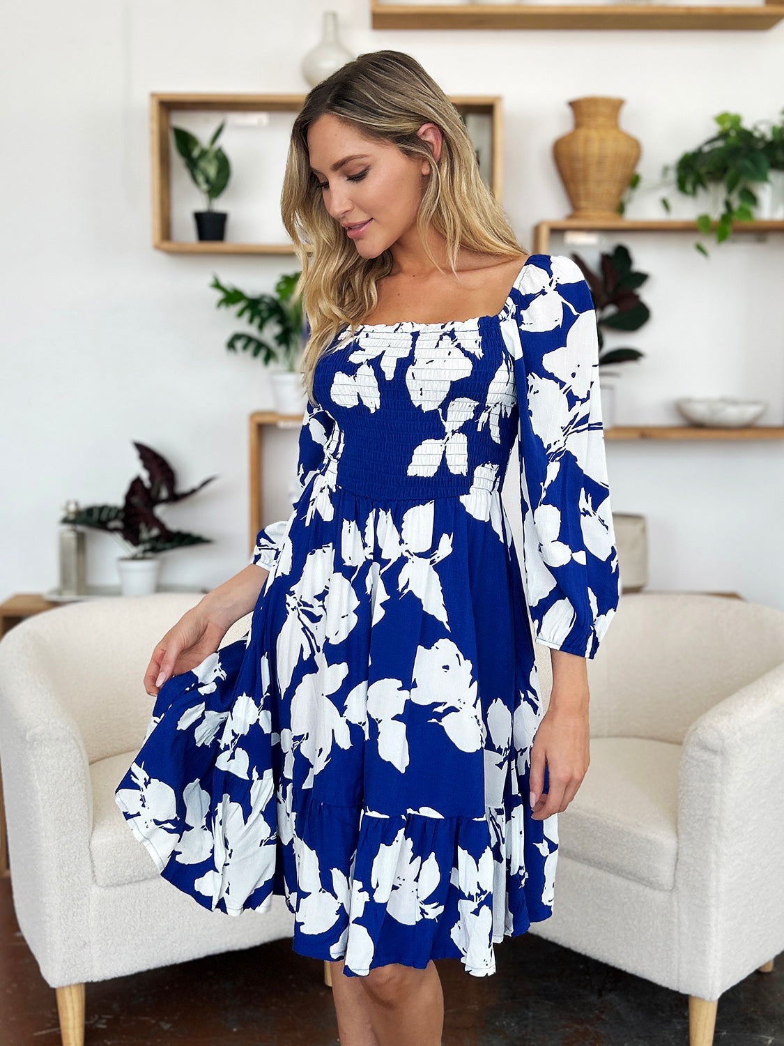 Double Take Full Size Floral Ruffle Hem Smocked Dress with Pockets.