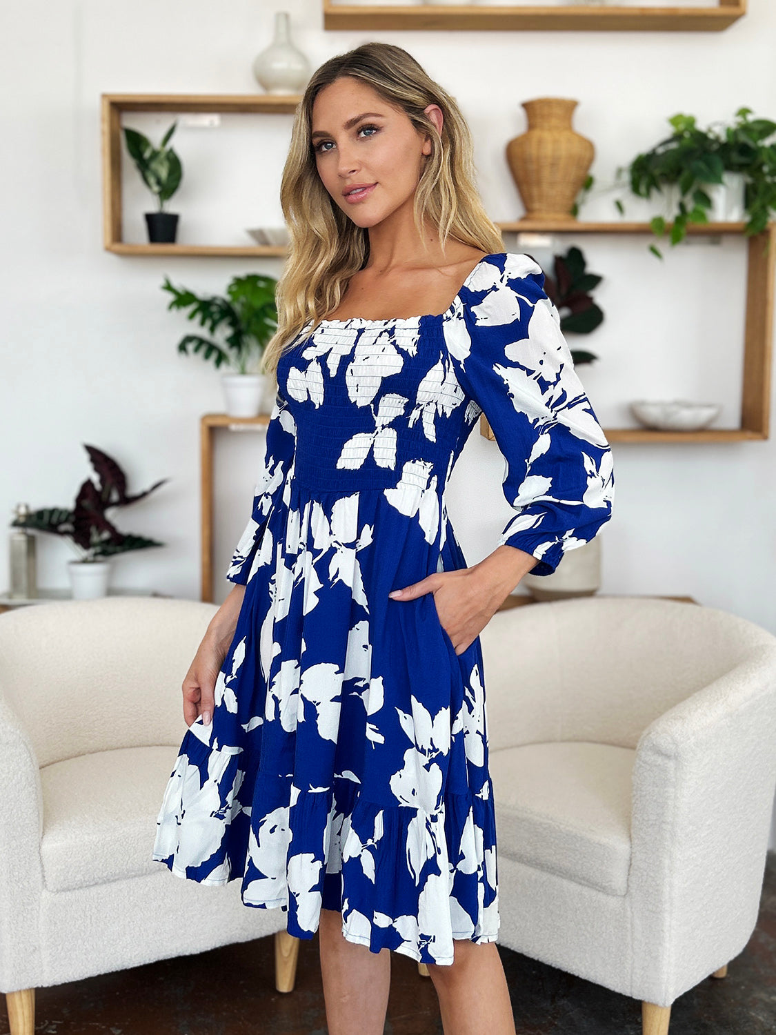 Double Take Full Size Floral Ruffle Hem Smocked Dress with Pockets.